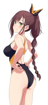 1girl absurdres ass back back_cutout black_bow black_one-piece_swimsuit bow braid braided_ponytail breasts brown_hair clothing_cutout from_behind green_eyes hair_bow highres large_breasts long_hair na-suke one-piece_swimsuit ponytail re:zero_kara_hajimeru_isekai_seikatsu shaula_(re:zero) simple_background smile solo swimsuit thighs white_background