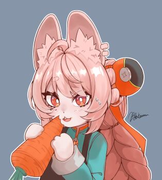 1girl ahoge animal_ear_fluff animal_ear_piercing animal_ears blush braid bright_pupils byarammm carrot furry furry_female hair_ornament hashtag-only_commentary highres long_hair looking_at_viewer open_mouth pink_fur pink_hair rabbit_ears rabbit_girl red_eyes shirt short_eyebrows solo thick_eyebrows twin_braids white_pupils zenless_zone_zero zhao_(zenless_zone_zero)