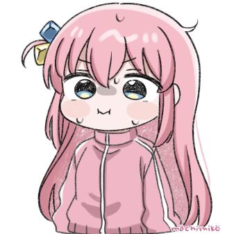 1girl :i blue_eyes blush_stickers bocchi_the_rock! chibi closed_mouth commentary_request cube_hair_ornament gotoh_hitori hair_between_eyes hair_ornament jacket long_hair mochimiko one_side_up pink_hair pink_jacket signature simple_background solo sweat track_jacket upper_body v-shaped_eyebrows very_long_hair wavy_mouth white_background
