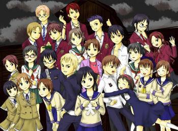 Rule 34 | 6+boys, 6+girls, amatoya nari, black eyes, black hair, blonde hair, blue eyes, bracelet, brown eyes, brown hair, cellphone, chocomomo, corpse party, everyone, closed eyes, fukuroi masato, glasses, hair bobbles, hair ornament, hairclip, handheld game console, headband, hug, jewelry, katayama ryousuke, kirisaki touko, kishinuma yoshiki, kizami yuuya, kurosaki kensuke, mochida satoshi, mochida yuka, morishige sakutarou, multiple boys, multiple girls, nakashima naomi, necklace, ogasawara nana, one eye closed, ookawa tomohiro, ooue sayaka, paper doll, phone, playstation portable, ponytail, purple hair, red hair, saenoki naho, school uniform, serafuku, shimada kai, shimada kai (corpse party), shinohara seiko, shinozaki ayumi, shishido yui, short hair, suzumoto mayu, twintails, urabe emi, wink, yamamoto mitsuki, yamase chihaya (corpse party)
