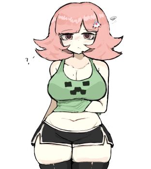 1girl ? black_shorts black_thighhighs breasts brown_hair cleavage commentary cowboy_shot creeper crop_top danganronpa_(series) danganronpa_2:_goodbye_despair dolphin_shorts english_commentary flipped_hair green_shirt grey_background hair_ornament highres large_breasts looking_at_viewer m3link medium_hair minecraft mole mole_on_breast nanami_chiaki navel pink_eyes shirt shorts solo thighhighs