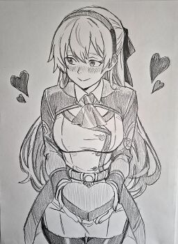 Rule 34 | absurdres, ao no kiseki, blush, box, breasts, commentary, commission, cowboy shot, double-parted bangs, eiyuu densetsu, elie macdowell, embarrassed, english commentary, gift, gift box, hair between eyes, hair ribbon, hairband, half updo, heart, heart-shaped box, highres, holding, holding gift, large breasts, long sleeves, neckerchief, ribbon, simple background, takuu (seadog6662), upper body, valentine, zero no kiseki