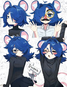 Rule 34 | 1girl, :<, absurdres, animal ears, antenna hair, aoki buruu, arms up, black skirt, black sweater, blue eyes, blue hair, blush stickers, closed mouth, collared shirt, english text, glasses, groucho glasses, hair intakes, hair over one eye, highres, looking at viewer, mouse (animal), mouse ears, mouse girl, mouse tail, open mouth, original, parasoru buruu, pleated skirt, round eyewear, shirt, short hair, short sleeves, skirt, solo, stretching, sweater, tail, teardrop-framed glasses, turtleneck, turtleneck sweater, white shirt, yellow-framed eyewear