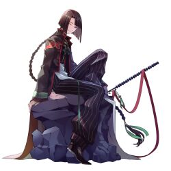 Rule 34 | 1boy, black coat, black hair, braid, changpao, chinese clothes, closed mouth, coat, curtained hair, fate/grand order, fate (series), full body, high collar, highres, holding, long braid, long hair, long sleeves, looking at viewer, male focus, morita yuu, one eye closed, pants, purple eyes, red trim, rock, shirt, simple background, sitting, sitting on rock, smile, solo, striped clothes, striped pants, tai gong wang (fate), vertical-striped clothes, vertical-striped pants, white background