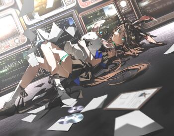 1girl absurdres amiya_(arknights) animal_ear_fluff animal_ears arknights black_dress black_shoes blush brown_hair coomlee dress gloves green_eyes hair_between_eyes highres holding holding_stuffed_toy long_hair lying on_back rabbit_ears rabbit_girl shoes socks solo stuffed_animal stuffed_rabbit stuffed_toy white_gloves white_socks