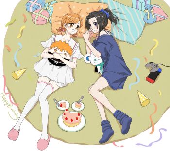 2girls black_eyes black_hair bleach blue_shirt blue_shorts blue_socks cake cake_slice character_doll commentary confetti controller doll english_commentary food fork fruit game_controller happy_birthday hat high_ponytail highres holding holding_doll kurosaki_ichigo kurosaki_karin kurosaki_yuzu loose_socks low_twintails lying multiple_girls nintendo_switch on_back on_side open_mouth orange_eyes orange_hair party_hat pillow ponytail sailor_collar sailor_shirt shirt short_twintails shorts siblings silegesi sisters slippers smile socks strawberry thighhighs twins twintails unworn_headwear white_shirt white_thighhighs