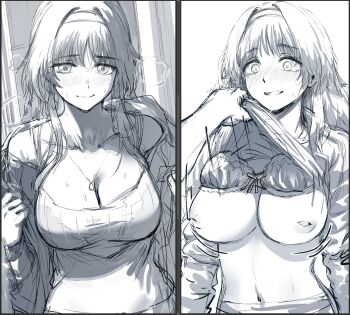 1boy 1girl breasts clothes_lift embarrassed headband hews highres inverted_nipples jewelry kaoru_hana_wa_rin_to_saku large_breasts lifting_another&#039;s_clothes long_hair navel necklace nipples shirt_lift sketch smile steam waguri_kaoruko wavy_hair