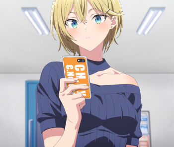 1girl anime_screenshot aqua_eyes blonde_hair blue_shirt closed_mouth collarbone ear_piercing evergreen_eri female_focus hair_ornament hairclip haite_kudasai_takamine-san highres holding holding_phone indoors phone piercing portrait shirt short_hair short_sleeves single_bare_shoulder solo stitched third-party_edit