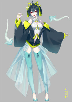 1girl ahoge alternate_color aqua_shoes aqua_thighhighs bare_shoulders black_hair black_jacket blunt_bangs bottomless breasts cleavage cleavage_cutout clothing_cutout crop_top dragapult fangs female_focus full_body gen_8_pokemon ghost grey_background hairband hand_up happy highres jacket japanese_text layered_sleeves long_sleeves looking_at_viewer medium_breasts merlusa nail_polish navel nintendo open_clothes open_jacket open_mouth personification pokedex_number pokemon see-through_clothes shiny_pokemon shirt shoes short_hair sidelocks simple_background sleeveless sleeveless_shirt smile solo standing star_(symbol) tassel thighhighs thighs translated v-shaped_eyebrows white_shirt wide_sleeves yellow_eyes yellow_hairband yellow_nails zipper_pull_tab