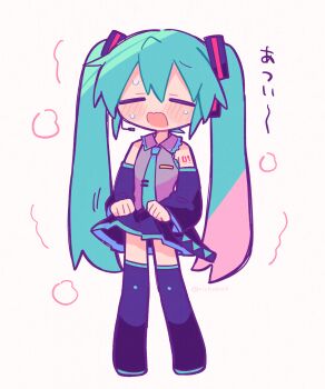 1girl aqua_eyes aqua_hair aqua_necktie black_sleeves blush chibi chibi_only closed_eyes clothes_lift commentary_request detached_sleeves full_body grey_shirt hair_between_eyes hatsune_miku highres hot lifting_own_clothes long_hair necktie open_mouth richard_(richaball) shirt skirt skirt_lift solo standing steam sweat thighhighs translation_request twintails vocaloid white_background zettai_ryouiki
