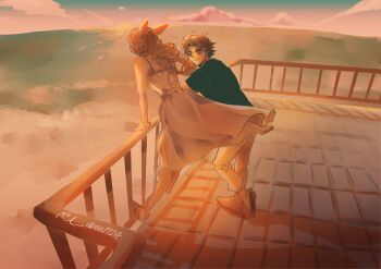 1boy 1girl absurdres aerith_gainsborough arm_support bare_shoulders black_hair black_shirt blue_eyes blue_sky brown_hair cloud cloudy_sky crisis_core:_final_fantasy_vii dress final_fantasy final_fantasy_vii full_body hair_ribbon highres horizon long_hair looking_at_another nul ocean outdoors pants pink_ribbon ribbon sandals scenery shirt sky smile spaghetti_strap spiked_hair twitter_username white_dress zack_fair