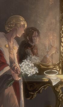 Rule 34 | 2girls, blonde hair, bouquet, brown hair, candlestand, cloak, closed eyes, closed mouth, commentary request, dress, flower, fur-trimmed cloak, fur trim, hair between eyes, hair bun, highres, holding, holding bouquet, holding pen, ishin2017, krista lenz, long dress, long hair, looking at mirror, low ponytail, mirror, multiple girls, paper, parted bangs, pen, ponytail, red cloak, shingeki no kyojin, updo, white flower, ymir (shingeki no kyojin)