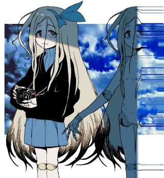 1girl asakaze_(kancolle) blue_eyes bow dizzyspells hair_between_eyes hair_bow highres long_hair original pleated_skirt skirt