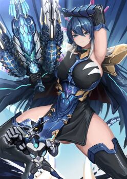 1girl armpits black_dress blue_background blue_eyes blue_hair breasts character_request copyright_request cowboy_shot dress highres holding holding_weapon justice_haruka large_breasts multicolored_hair smile solo_focus two-tone_hair weapon white_hair