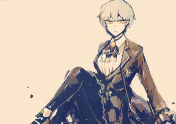 Rule 34 | 1girl, angela (project moon), ascot, black coat, black pantyhose, black skirt, black vest, blue hair, brooch, closed mouth, coat, collared shirt, gem, highres, jewelry, knees up, library of ruina, looking at viewer, pantyhose, project moon, shirt, short hair, simple background, sitting, skirt, solo, surumenabe, vest, white ascot, white background, white shirt, yellow eyes, yellow gemstone