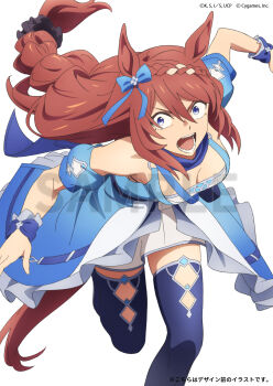 1girl absurdres animal_ears bag blue_bag blue_dress blue_eyes blue_scarf blue_thighhighs bow braid braided_ponytail breasts brown_hair cleavage commentary_request cygames dress ear_bow fukumoto_yousuke hair_between_eyes highres horse_ears horse_girl horse_tail large_breasts long_hair looking_to_the_side multicolored_hair official_art open_mouth sample_watermark scarf shoulder_bag solo streaked_hair super_creek_(murmuring_stream)_(umamusume) super_creek_(umamusume) tail teeth thighhighs umamusume umamusume:_cinderella_gray watermark white_background white_hair