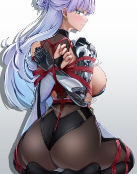 1girl absurdres arms_behind_back ass bdsm bondage bound bound_ankles bound_arms bound_legs bound_thighs bound_torso bound_wrists breasts bridal_gauntlets brown_pantyhose bt_(3212637) colored_eyelashes crotch_rope earrings frogtie goddess_of_victory:_nikke highres huge_breasts jewelry large_breasts long_hair looking_at_viewer mechanical_arms mechanical_hands mole mole_under_eye nayuta_(nikke) pantyhose red_rope restrained rope shibari shibari_over_clothes sideboob single_bridal_gauntlet single_mechanical_arm single_mechanical_hand solo struggling thick_eyelashes very_long_hair white_eyelashes white_hair