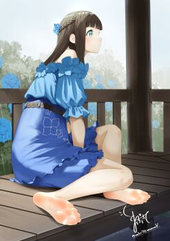 1girl absurdres aqua_eyes bare_legs bare_shoulders barefoot belt_around_waist bench between_legs blue_dress blue_flower blue_skirt blunt_bangs braid brown_hair crown_braid dress feet flower frilled_skirt frills from_side hair_flower hair_ornament half_up_braid hand_between_legs high-waist_skirt highres legs long_hair looking_ahead maburoku off-shoulder_shirt off_shoulder on_bench original puffy_short_sleeves puffy_sleeves rain shirt short_sleeves signature sitting skirt soles toes twitter_username wooden_bench