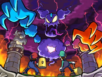 2boys big_nose blue_overalls boots boss_fight bowser_logo brothers brown_boots brown_hair cackletta cackletta_soul cloud cloudy_sky facial_hair fire gloves green_hat green_shirt hammer hat highres holding holding_hammer in-universe_location lightning luigi mario mario_&amp;_luigi:_superstar_saga mario_&amp;_luigi_rpg mario_(series) masanori_sato_(style) multiple_boys mustache newsboy_cap nintendo official_style overalls red_hat red_overalls red_shirt shirt short_hair siblings sky socks spikes striped_clothes striped_socks tongue tongue_out white_gloves yamari_(ya_mari_6363)