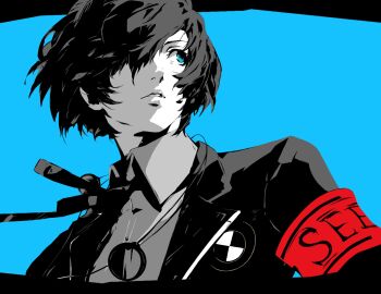 Rule 34 | 1boy, armband, blue eyes, collared shirt, commentary, emblem, english commentary, gekkoukan high school uniform, hair over one eye, headphones, headphones around neck, highres, jacket, lapels, lips, long sleeves, looking to the side, male focus, neck ribbon, nika dudi, one eye covered, parted lips, persona, persona 3, red armband, ribbon, s.e.e.s, school uniform, shirt, short hair, soejima shigenori (style), solo, upper body, wing collar, yuuki makoto (persona 3)