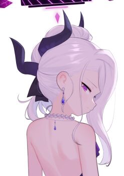 1girl absurdres back backless_outfit bare_shoulders black_halo blue_archive blush closed_mouth commentary_request demon_girl demon_horns dress earrings evening_gown gloves halo highres hina_(blue_archive) hina_(dress)_(blue_archive) horns jewelry long_hair looking_at_viewer looking_back nape necklace official_alternate_costume official_alternate_hairstyle pearl_necklace purple_dress rabbitballoon smile solo white_background white_hair wings