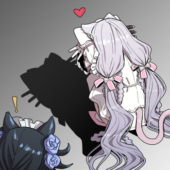 ! 2girls akai_melon animal_ears black_gloves black_hair braid braided_ponytail cat_ears cat_girl cat_shadow_puppet_(meme) cat_tail dress flower frilled_dress frills from_behind gloves gradient_background grey_hair hair_flower hair_ornament hair_ribbon heart highres last_origin long_hair low_twintails maid maid_headdress meme multiple_girls perrault_(last_origin) poi_(last_origin) ribbon shadow spoken_heart squatting tail twintails very_long_hair white_gloves