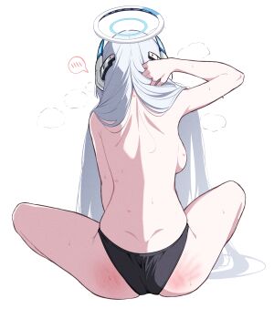 1girl arm_up ass back backboob black_panties blue_archive breasts commentary dimples_of_venus facing_away from_behind grey_hair halo headgear hickey highres noa_(blue_archive) panties reia_76 shoulder_blades simple_background sitting solo spanked spoken_blush sweat topless_female underwear white_background