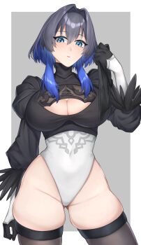 1girl 2b_(nier:automata) 2b_(nier:automata)_(cosplay) black_dress black_gloves black_hair blue_eyes blue_hair breasts cleavage_cutout clothing_cutout cosplay dress feather-trimmed_sleeves gloves gluteal_fold hair_intakes highleg highleg_leotard highres hololive hololive_english jellyfish_cut juliet_sleeves large_breasts leotard long_sleeves nier nier:automata nier_(series) ouro_kronii puffy_sleeves short_hair sleeved_leotard solo thong_leotard under_eko virtual_youtuber white_leotard