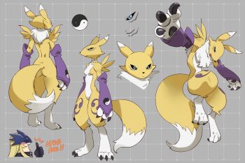 2girls ass beelstarmon black_sclera blue_eyes breasts colored_sclera digimon digimon_(creature) fox full_body futa_yuri_ryona grey_background kitsune multiple_girls multiple_views reference_sheet renamon simple_background small_breasts standing thumbs_up