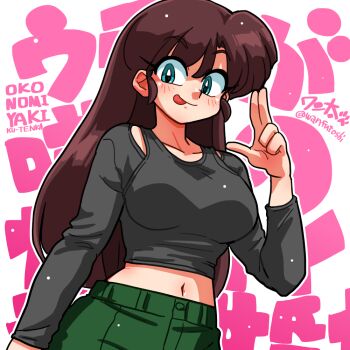 1girl :p blue_eyes breasts collarbone_peek crop_top green_pants grey_shirt kuonji_ukyou large_breasts long_hair long_sleeves midriff pants pink_background ranma_1/2 shirt smile solo straight_hair tongue tongue_out upper_body wanta_(futoshi)