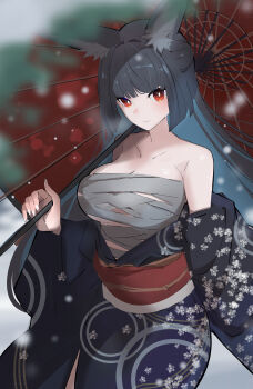 1girl absurdres alternate_costume animal_ear_fluff animal_ears ayumi_(ayumi05888572) bandages bare_shoulders black_hair black_kimono breasts chest_sarashi cleavage cowboy_shot fox_ears highres holding holding_umbrella hoshimi_miyabi japanese_clothes kimono large_breasts long_hair looking_at_viewer obi off_shoulder oil-paper_umbrella red_eyes red_sash red_umbrella sarashi sash solo standing umbrella very_long_hair zenless_zone_zero
