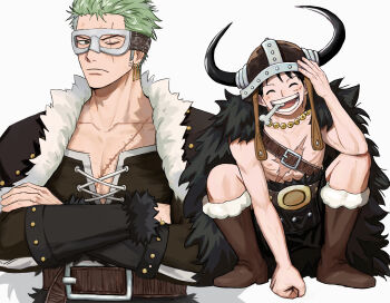 2boys belt belt_buckle black_cape black_hair black_jacket black_shirt bone bone_in_mouth boots bracer brown_belt brown_boots buckle cape chest_belt commentary_request elbow_on_knee facial_scar fake_horns fur-trimmed_boots fur-trimmed_bracer fur-trimmed_cape fur_trim goggles grey_trim helmet highres horned_helmet horns jacket jjerri00 korean_commentary male_focus medium_sideburns monkey_d._luffy multiple_boys one_piece open_clothes open_jacket open_mouth roronoa_zoro scar scar_across_eye scar_on_cheek scar_on_chest scar_on_face shirt short_hair sideburns simple_background smile teeth viking white_background white_fur
