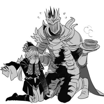 Rule 34 | 1boy, 1girl, armor, boots, covering face, duchess (elden ring), elden ring, elden ring nightreign, extra arms, full body, greyscale, hands up, headpat, helmet, heolstor the nightlord, holding, holding cloth, holding plate, jacket, kneeling, leg armor, long hair, monochrome, pants, pauldrons, plate, rokko nr315, shoulder armor, simple background, spiked helmet