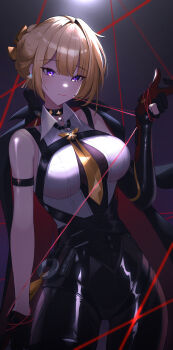 1girl absurdres asymmetrical_gloves black_background black_choker black_gloves black_jacket blonde_hair braid braided_bun breasts chest_strap choker closed_mouth collarbone collared_shirt elbow_gloves evelyn_chevalier eyebrows_hidden_by_hair fingerless_gloves gloves hair_bun high-waist_pants highres jacket jacket_on_shoulders large_breasts latex_pants long_hair looking_at_viewer necktie open_clothes open_jacket pants partially_fingerless_gloves purple_eyes shirt single_elbow_glove sirong_e sleeveless sleeveless_shirt solo standing string tight_clothes tight_pants uneven_gloves yellow_necktie zenless_zone_zero