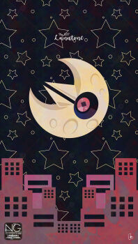 black_sclera building character_name colored_sclera crescent_moon gen_3_pokemon highres lunatone meme_(sleepsheep) moon nintendo no_humans pokemon pokemon_(creature) pokemon_focus red_eyes star_(symbol) star_in_eye symbol_in_eye