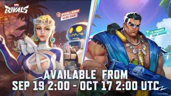 absurdres belly blonde_hair blue_eyes breasts cleavage cleavage_cutout clothing_cutout earrings fantastic_four highres jewelry large_breasts long_hair looking_at_viewer marvel marvel_rivals navel official_alternate_costume official_art one-piece_swimsuit sue_storm sue_storm_(azure_shade) swimsuit the_punisher_(character)