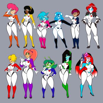 6+girls alien atomickingboo black_hair blonde_hair blue_skin breasts colored_skin green_skin gun highres large_breasts monster_girl multicolored_hair multiple_girls red_hair robot short_hair skin_tight slime_girl weapon