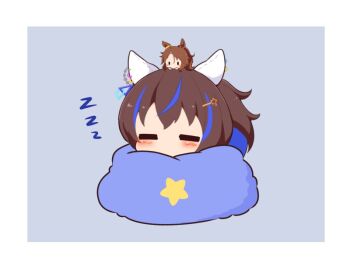 2girls animal_ears blue_hair blush border brown_hair chibi chibi_only commentary_request daitaku_helios_(umamusume) ear_covers gomashio_(goma_feet) grey_background hair_ornament hairclip horse_ears horse_girl mejiro_palmer_(umamusume) multicolored_hair multiple_girls no_mouth short_hair simple_background sleeping streaked_hair two-tone_hair umamusume white_border zzz |_|