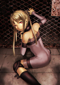 Rule 34 | 1girl, absurdres, bare shoulders, blonde hair, breasts, chain-link fence, commentary request, detached sleeves, expressionless, fence, highres, hotateyuki, long hair, looking at viewer, original, red eyes, sitting, small breasts, solo, twintails