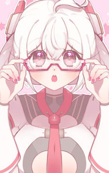 1girl :o adjusting_eyewear ahoge blush center_opening commentary_request edea_cluster glasses hair_ornament hand_on_eyewear hands_up highres long_hair long_sleeves looking_at_viewer matoi_(pso2) nail_polish necktie open_mouth phantasy_star phantasy_star_online_2 pink-framed_eyewear pink_background pink_eyes pink_nails portrait red_necktie semi-rimless_eyewear sidelocks sitwocution solo star_(symbol) star_symbol_background straight-on twintails under-rim_eyewear white_hair