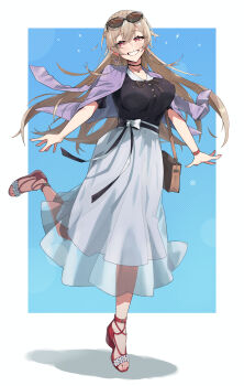 1girl bag black_ribbon black_skirt blue_background blurry blush bokeh border bracelet braid breasts brown_hair collared_shirt commentary cross-laced_shoes depth_of_field eyewear_on_head flower footwear_flower full_body furen_e_lustario furen_e_lustario_(2nd_costume) grin high-waist_skirt high_heels highres jacket jacket_on_shoulders jewelry large_breasts layered_skirt leg_up long_hair looking_at_viewer muco_lita nail_polish nijisanji official_alternate_costume orange_eyes outside_border outstretched_arms outstretched_hand purple_jacket red_nails red_shoes ribbon shadow shirt shoes shoulder_bag skirt smile solo sparkle spread_arms sunglasses tiptoes virtual_youtuber white_border white_ribbon white_skirt