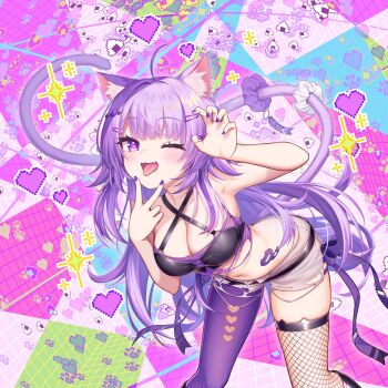 1girl absurdres ahoge animal_ear_fluff animal_ears asymmetrical_legwear black_jacket breasts cat_ears cat_girl cat_tail claw_pose cleavage collarbone commentary_request crop_top feet_out_of_frame fingernails fishnet_pantyhose fishnet_thighhighs fishnets gumypunch highres hololive jacket large_breasts long_hair looking_at_viewer mismatched_legwear nail_polish navel nekomata_okayu nekomata_okayu_(gyaru) official_alternate_costume official_alternate_hair_length official_alternate_hairstyle one_eye_closed open_mouth pantyhose purple_eyes purple_hair purple_nails purple_pantyhose purple_scrunchie scrunchie short_shorts shorts single_leg_pantyhose single_thighhigh solo stomach tail teeth thighhighs tongue tongue_out torn_clothes torn_shorts two-sided_fabric two-sided_jacket uneven_legwear very_long_hair virtual_youtuber white_scrunchie white_shorts