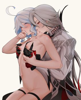 Rule 34 | 2girls, absurdres, ahoge, arlecchino (genshin impact), bite mark, bite mark on shoulder, biting, black gloves, blue eyes, blue hair, blush, breasts, clothed female nude female, commentary, english commentary, furina (genshin impact), genshin impact, gloves, grey hair, grey shirt, hickey, highres, lipstick mark, lipstick mark on neck, lipstick mark on shoulder, medium hair, moshyuu, multiple girls, navel, neck biting, nipple stimulation, nipple tweak, nipples, nude, red eyes, shirt, small breasts, thigh strap, yuri
