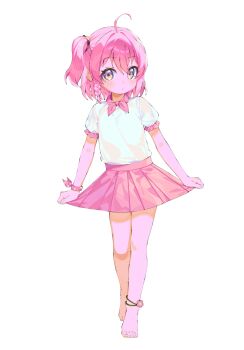 1girl absurdres ahoge barefoot blush braid expressionless flat_chest full_body highres looking_at_viewer one_side_up original pink_eyes pink_hair simple_background skirt skirt_hold solo white_background yu1_na12