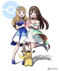 Rule 34 | 2girls, :d, absurdres, blue dress, blue footwear, boots, bright pupils, brown hair, choker, commentary request, creatures (company), detective pikachu, detective pikachu (character), dress, eyelashes, game freak, gen 1 pokemon, grey eyes, grey footwear, heart, heart hands, heart hands duo, highres, leg up, long hair, multiple girls, nintendo, off-shoulder dress, off shoulder, official alternate costume, open mouth, pikachu, poke ball symbol, pokemon, pokemon (creature), pokemon masters ex, rosa (champion) (pokemon), rosa (pokemon), serena (champion) (pokemon), serena (pokemon), shoes, smile, standing, standing on one leg, tellzeta, tiara, tongue, twitter username, watermark, white pupils, wrist cuffs