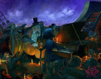 6+boys afro arm_up ascot black_hair blood blood_on_face brook_(one_piece) candle cloud cloudy_sky commentary frilled_ascot frills hat highres holding holding_instrument instrument multiple_boys music one_piece piano playing_instrument ponytail shroud_(sailing) sitting sky wafalo watermark