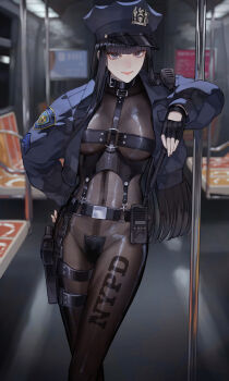 1girl belt black_bodysuit black_eyes black_gloves black_hair blue_jacket blurry blurry_background bodystocking bodysuit breasts c-string chest_harness commentary_request covered_navel crossed_legs female_focus fingerless_gloves gloves harness hat highres holster jacket kaoming long_hair maebari matching_hair/eyes medium_breasts new_york_city_police_department o-ring open_clothes open_jacket original pole police police_hat police_uniform policewoman revealing_clothes see-through_bodysuit see-through_clothes solo standing strapless_bottom subway tattoo thigh_holster train_interior walkie-talkie