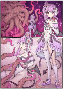 1girl absurdres asymmetrical_legwear bare_shoulders bow clothing_cutout consensual_tentacles crown demon_girl demon_horns demon_tail demon_wings dress frills hair_ornament heart highres holding holding_wand horns kneehighs leotard low_wings magical_girl mini_crown mismatched_legwear multiple_views navel navel_cutout open_mouth pink_hair pointy_ears purple_footwear purple_hair red_eyes shoes showgirl_skirt side_ponytail single_kneehigh single_sock single_thighhigh socks sparkle standing sweat tail tentacles tentacles_under_clothes thighhighs tiyuanpoli uneven_legwear wand white_leotard wings