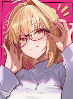 0nineo9 1girl absurdres adjusting_eyewear antenna_hair arcueid_brunestud bespectacled black-framed_eyewear black_border blonde_hair blush border breasts commentary english_commentary glasses grin hair_intakes highres inset_border jewelry large_breasts long_sleeves looking_at_viewer necklace pink_background rectangular_eyewear red_eyes short_hair simple_background single_hair_intake smile solo sweater tsukihime tsukihime_(remake) turtleneck turtleneck_sweater upper_body