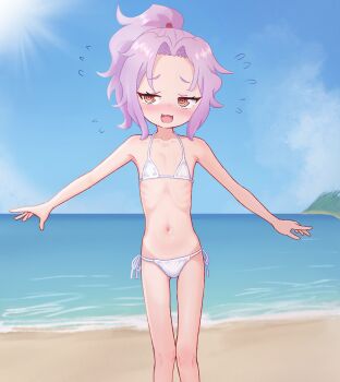 1girl beach bikini blush day flat_chest flying_sweatdrops highres kunoichi_tsubaki_no_mune_no_uchi loli navel ocean outdoors pepzi ponytail purple_hair sazanka_(kunoichi_tsubaki_no_mune_no_uchi) side-tie_bikini_bottom solo swimsuit white_bikini